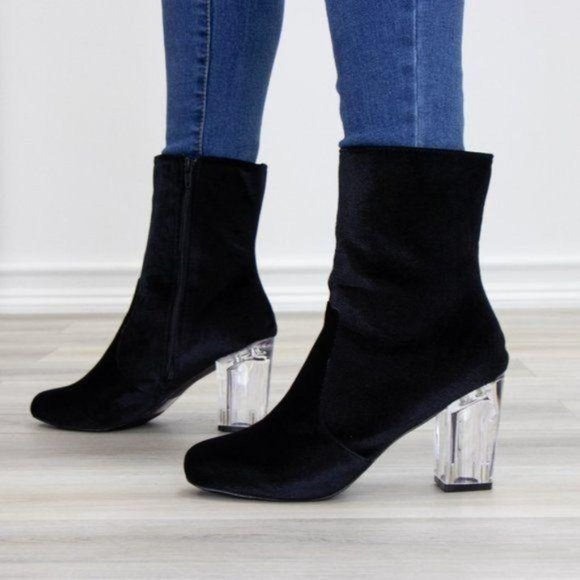Black Velvet Above Ankle Clear Heel Bootie - Picture 11 of 11